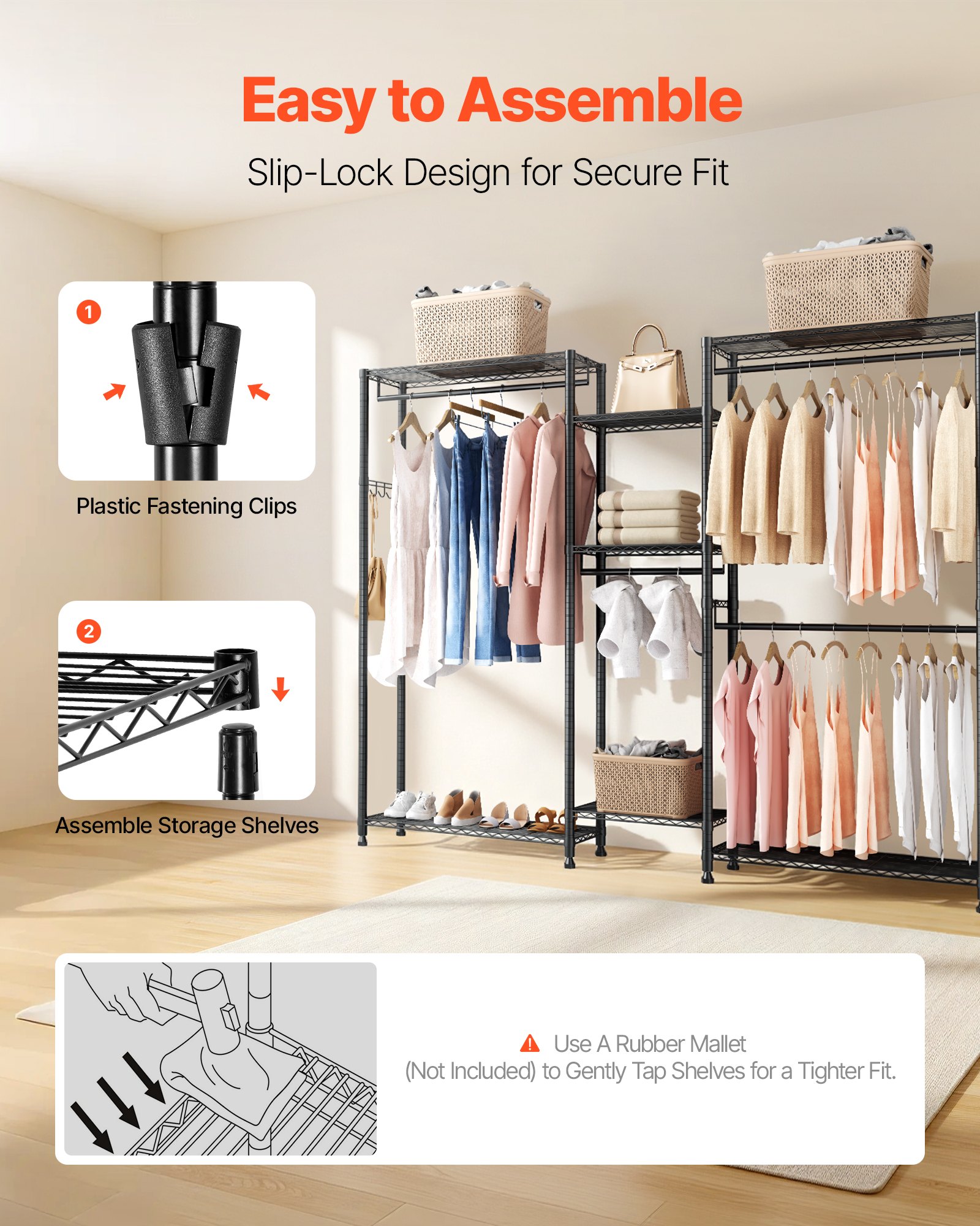 VEVOR Clothing Garment Rack, Heavy Duty Closet Wardrobe, 7 Adjustable Tiers Clothes Racks with Steel Frame, 385.5 kg Load Capacity Clothes Rack with 4 Hanging Rods for Bedroom, Clothing Store, Hallway