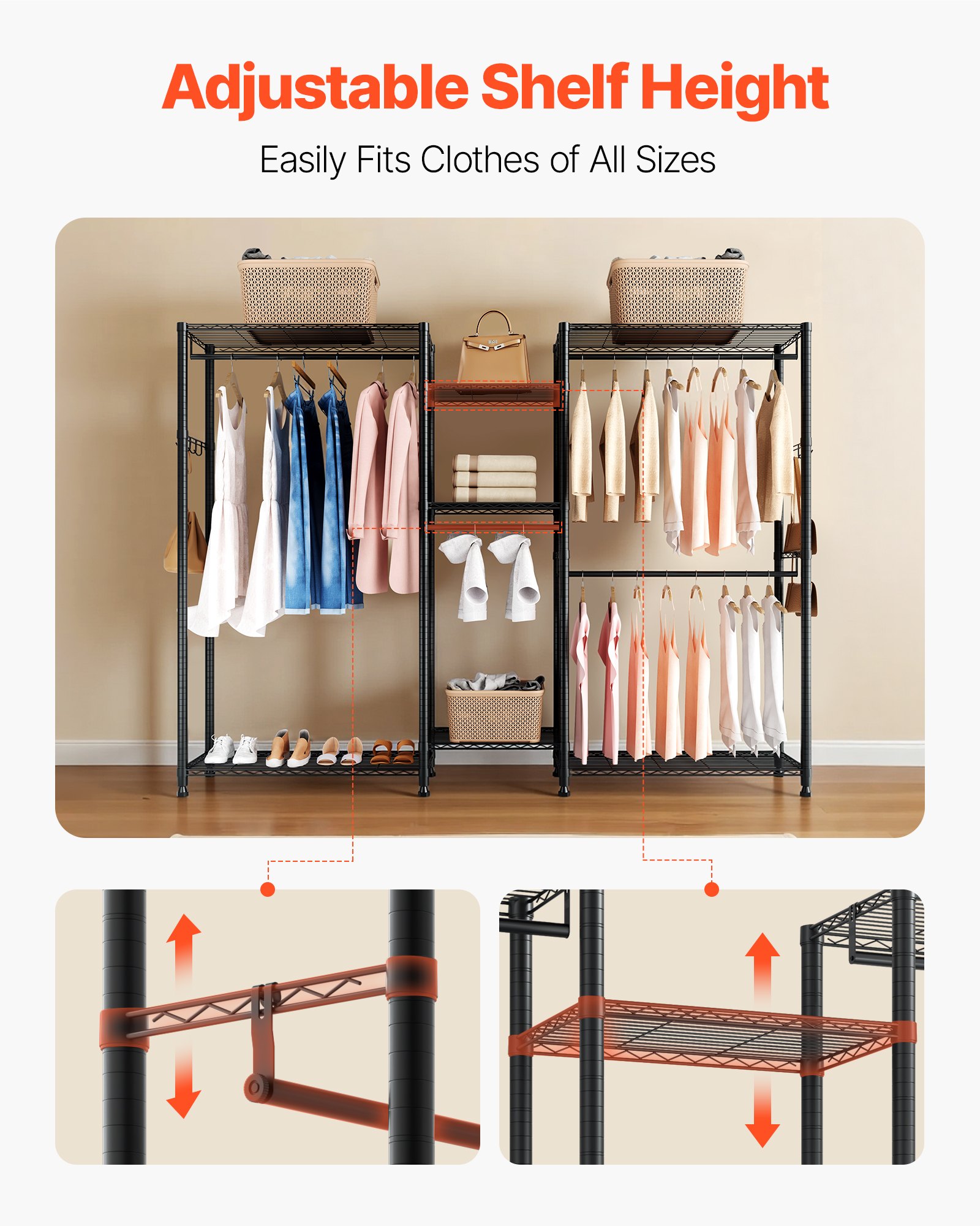 VEVOR Clothing Garment Rack, Heavy Duty Closet Wardrobe, 7 Adjustable Tiers Clothes Racks with Steel Frame, 385.5 kg Load Capacity Clothes Rack with 4 Hanging Rods for Bedroom, Clothing Store, Hallway
