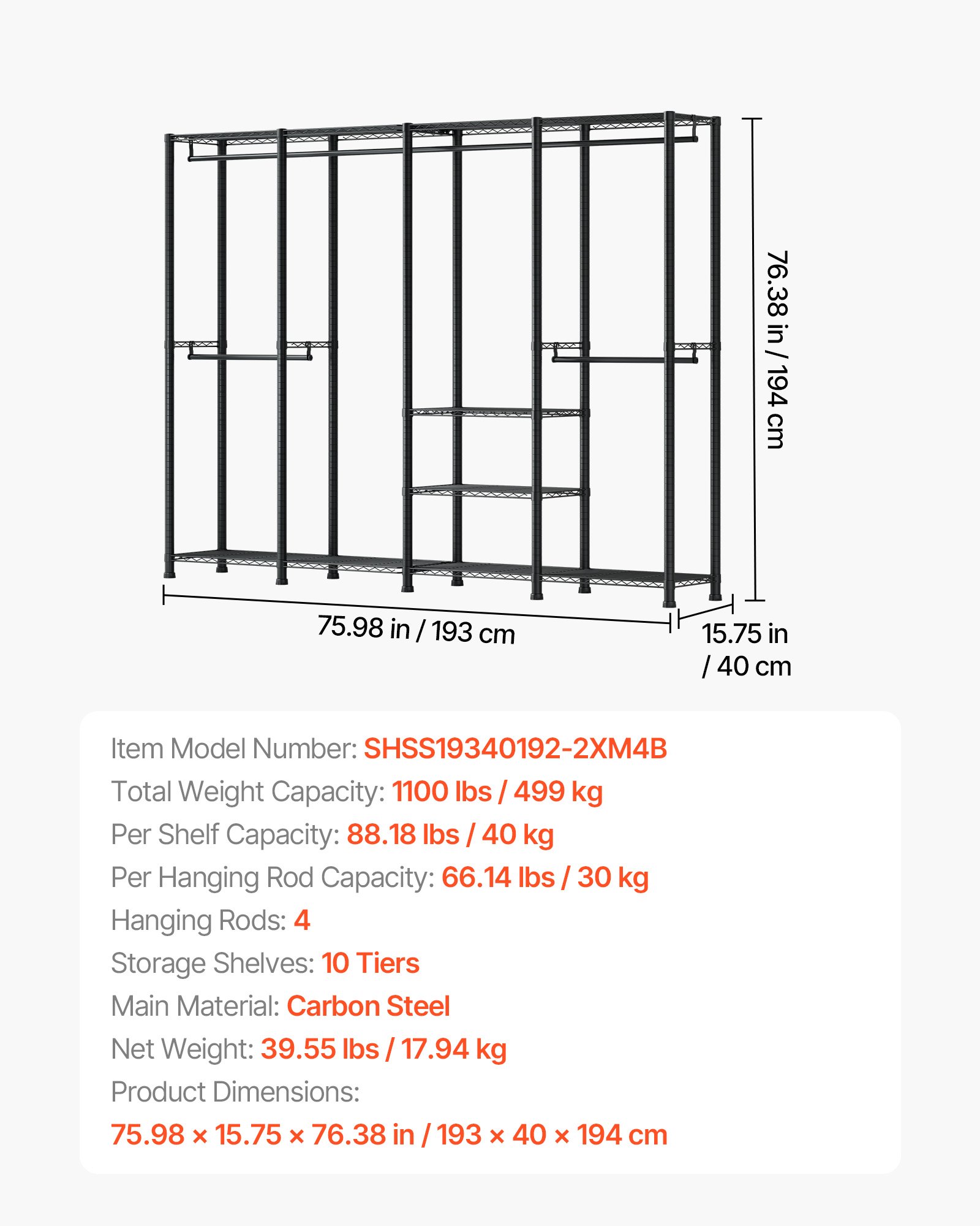VEVOR Clothing Garment Rack, Heavy Duty Closet Wardrobe, Adjustable Tiers Clothes Racks with Steel Frame, 1100 lbs Load Capacity Clothes Rack with 4 Hanging Rods for Bedroom, Clothing Store, Hallway