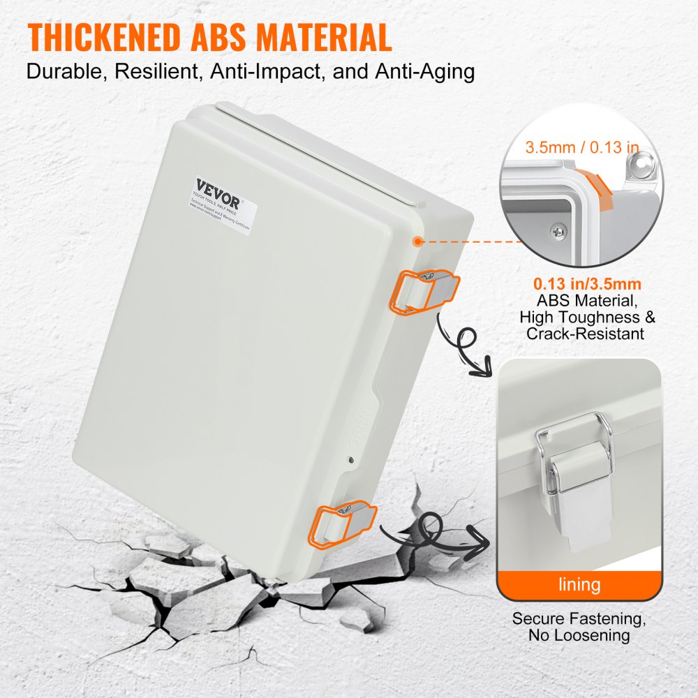 VEVOR Outdoor Electrical Junction Box, 300 x 200 x 180 mm, ABS Plastic Electrical Enclosure Box with Hinged Cover Stainless Steel Latch, IP67 Dustproof Waterproof for Outdoor Electrical Projects