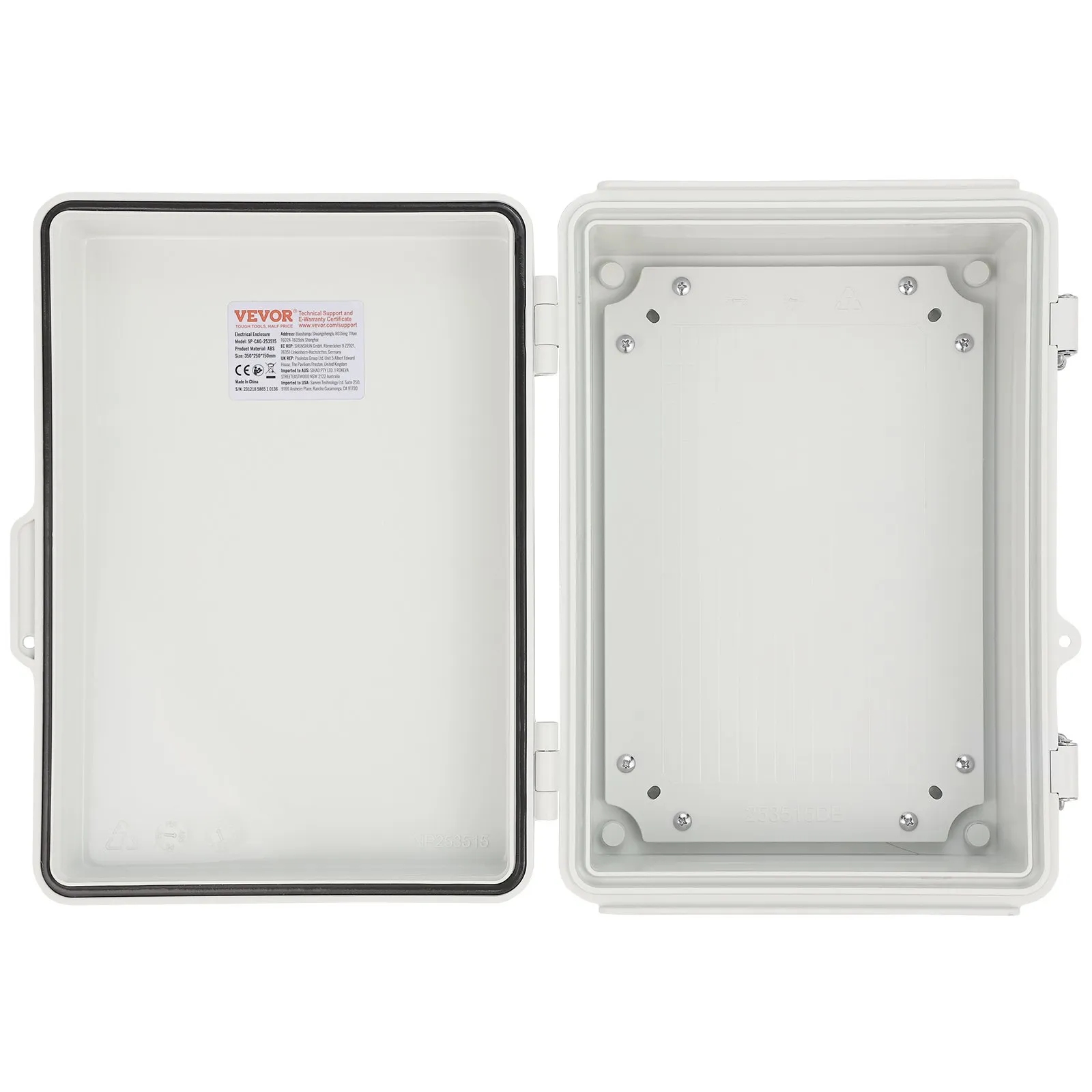 VEVOR Outdoor Electrical Junction Box, 300 x 200 x 180 mm, ABS Plastic Electrical Enclosure Box with Hinged Cover Stainless Steel Latch, IP67 Dustproof Waterproof for Outdoor Electrical Projects