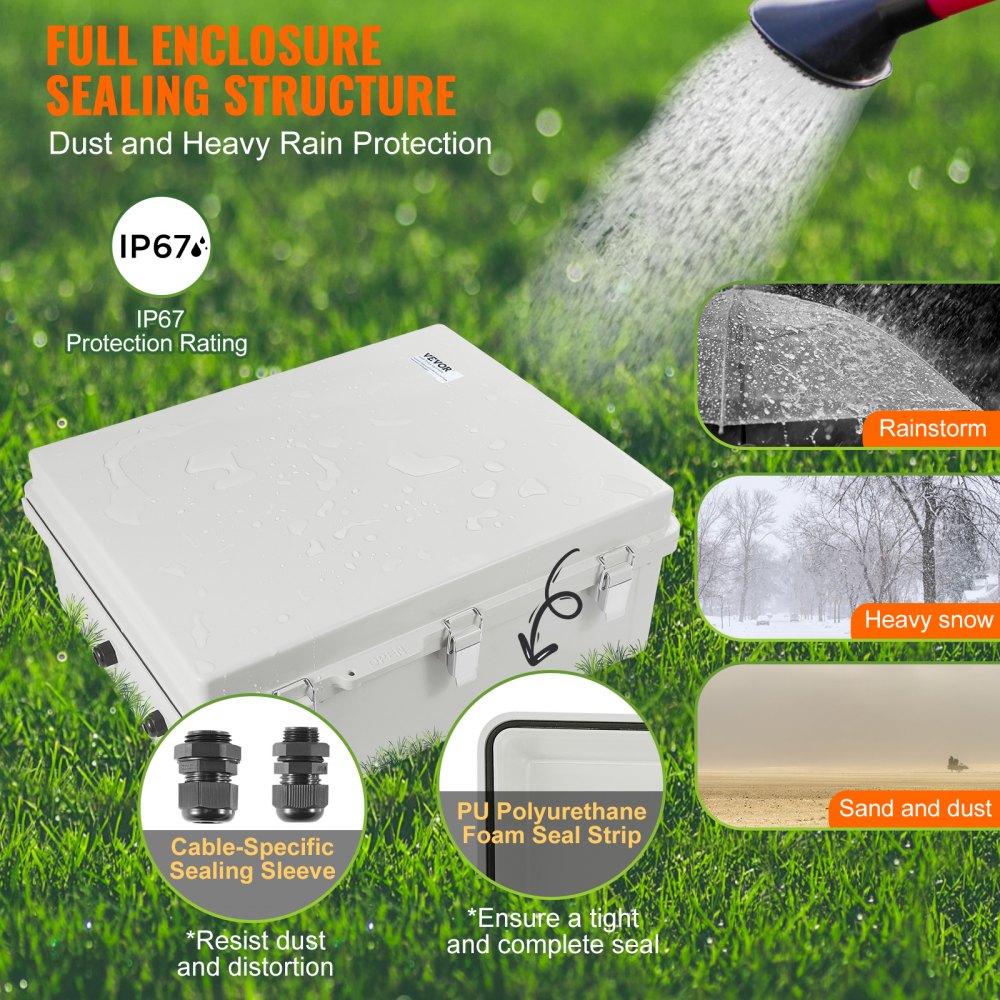 VEVOR Outdoor Electrical Junction Box, 350 x 250 x 150 mm, ABS Plastic Electrical Enclosure Box with Hinged Cover Stainless Steel Latch, IP67 Dustproof Waterproof for Outdoor Electrical Projects