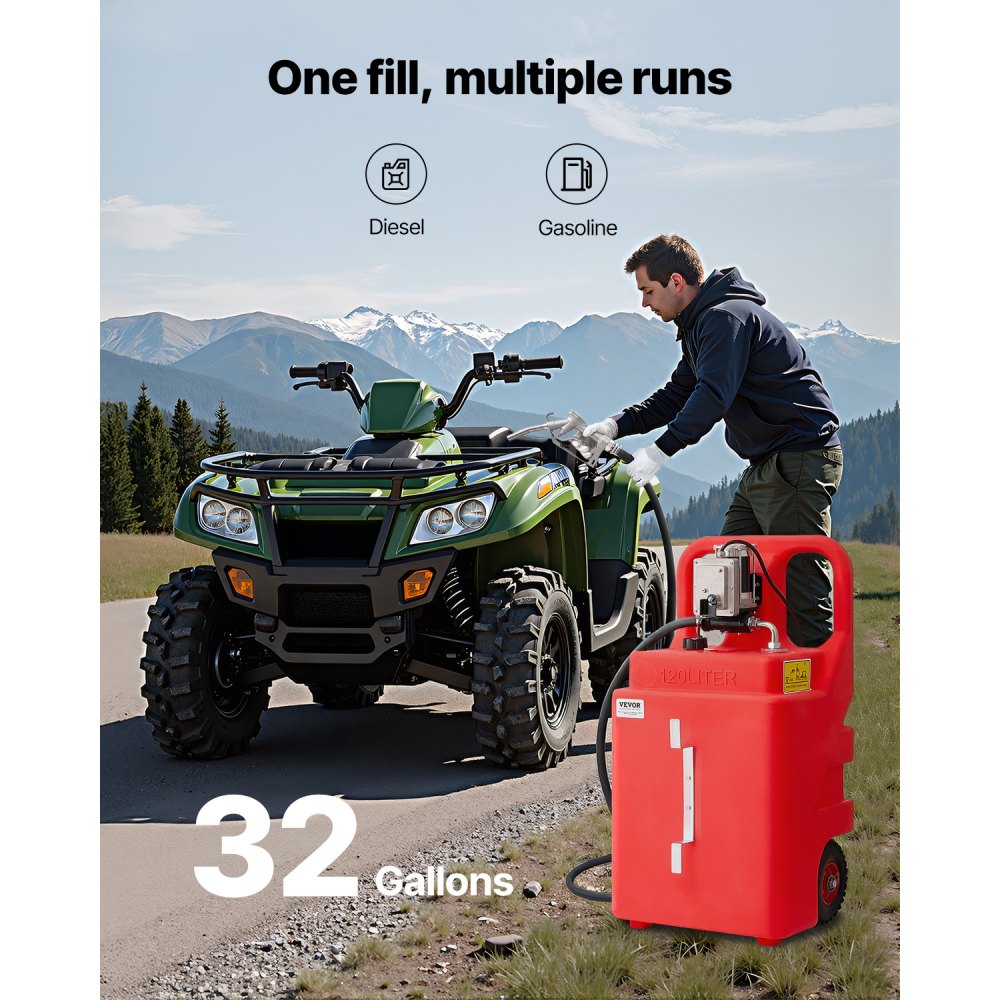 VEVOR Fuel Caddy, 32 Gallon, Portable Fuel Tank with 12V DC 15 GPM Electric Fuel Transfer Pump, 13 ft Delivery Hose & Aluminum Alloy Manual Nozzle, Gas Caddy for Motorboats, ATVs, Diesel & Gasoline
