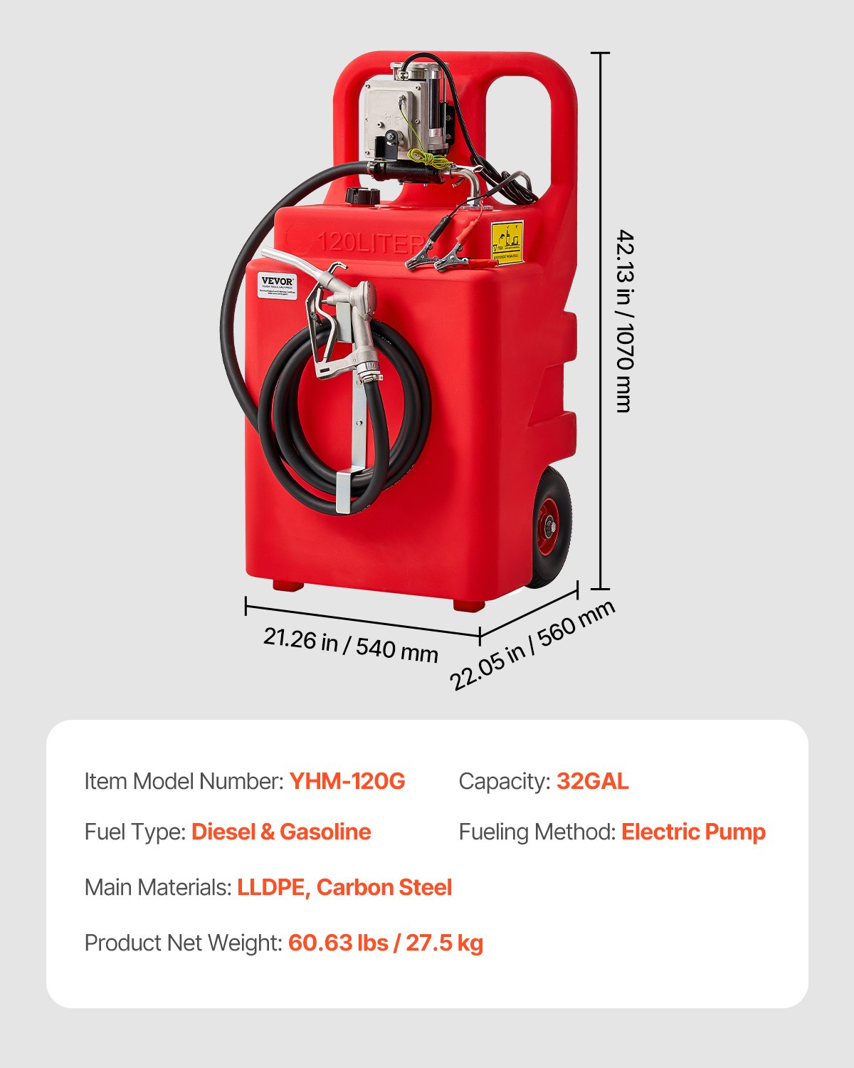 VEVOR Fuel Caddy, 32 Gallon, Portable Fuel Tank with 12V DC 15 GPM Electric Fuel Transfer Pump, 13 ft Delivery Hose & Aluminum Alloy Manual Nozzle, Gas Caddy for Motorboats, ATVs, Diesel & Gasoline