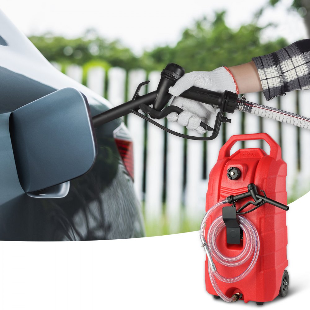 person refueling car with VEVOR fuel caddy, red container with hose and pump nozzle.