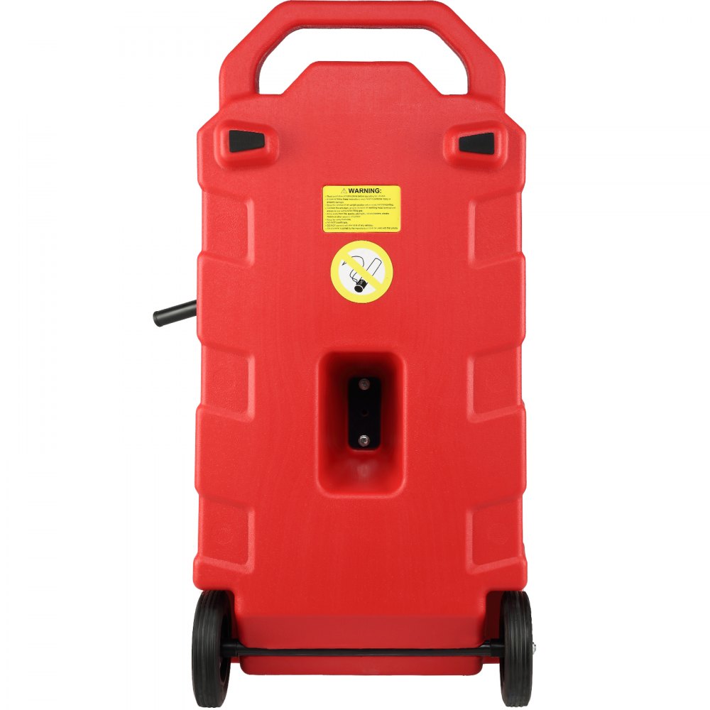 red VEVOR fuel caddy with wheels, handle, nozzle holder, and warning label.