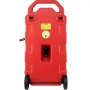 red VEVOR fuel caddy with wheels, handle, nozzle holder, and warning label.