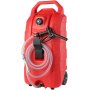 red VEVOR fuel caddy with handle, wheels, attached hose, and fuel nozzle.