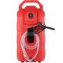 VEVOR fuel caddy in red with flexible hose and attached black fuel nozzle.