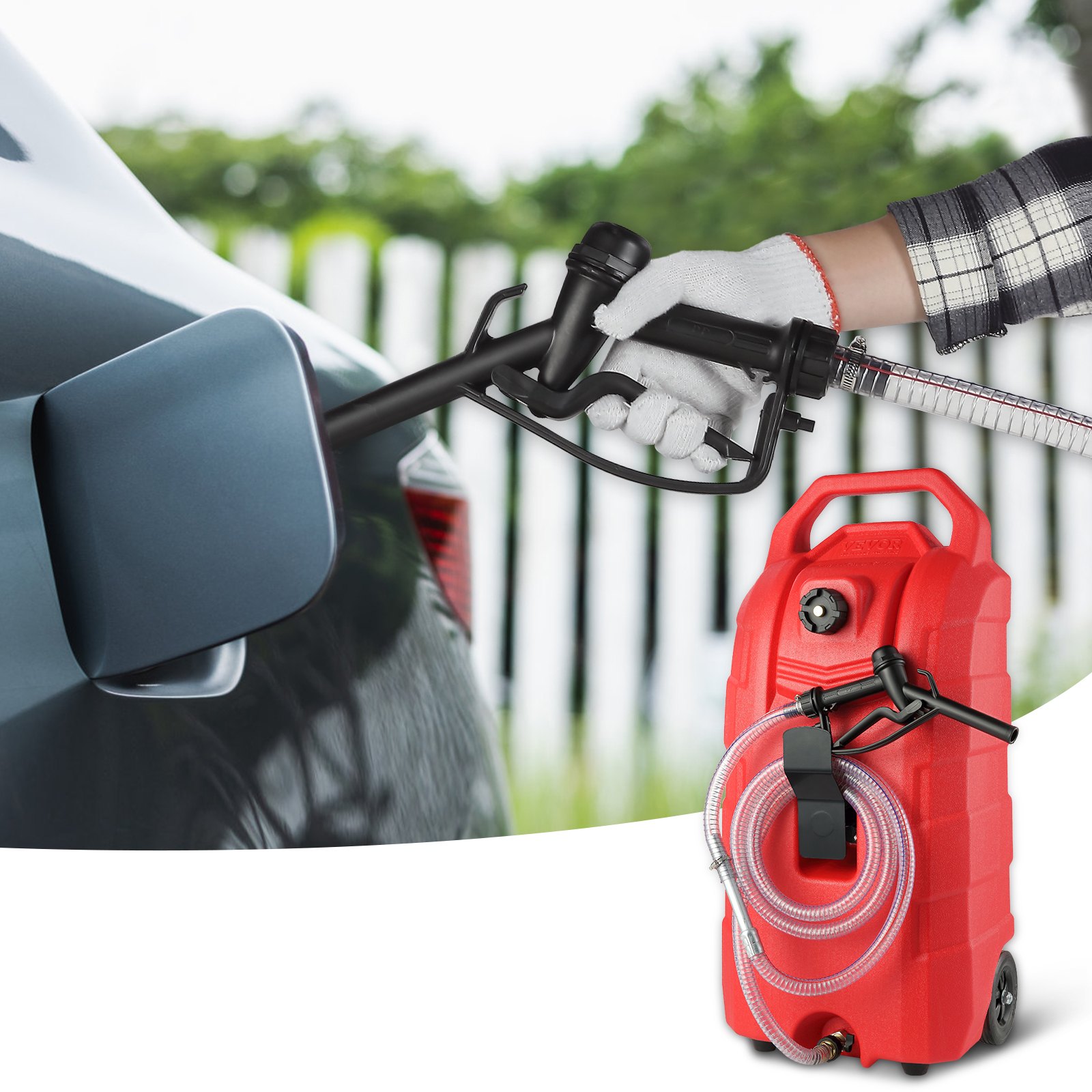 person refueling car with VEVOR fuel caddy, red container with hose and pump nozzle.