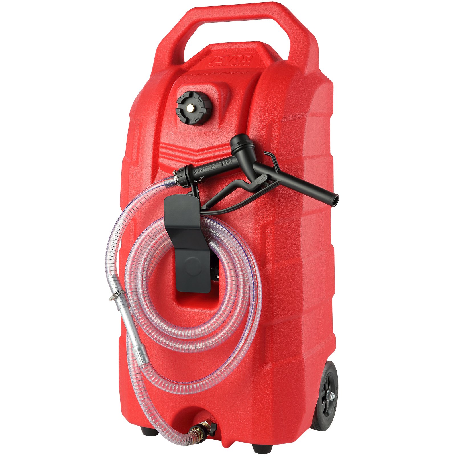red VEVOR fuel caddy with hose and nozzle, featuring a sturdy handle and wheels for easy transport.