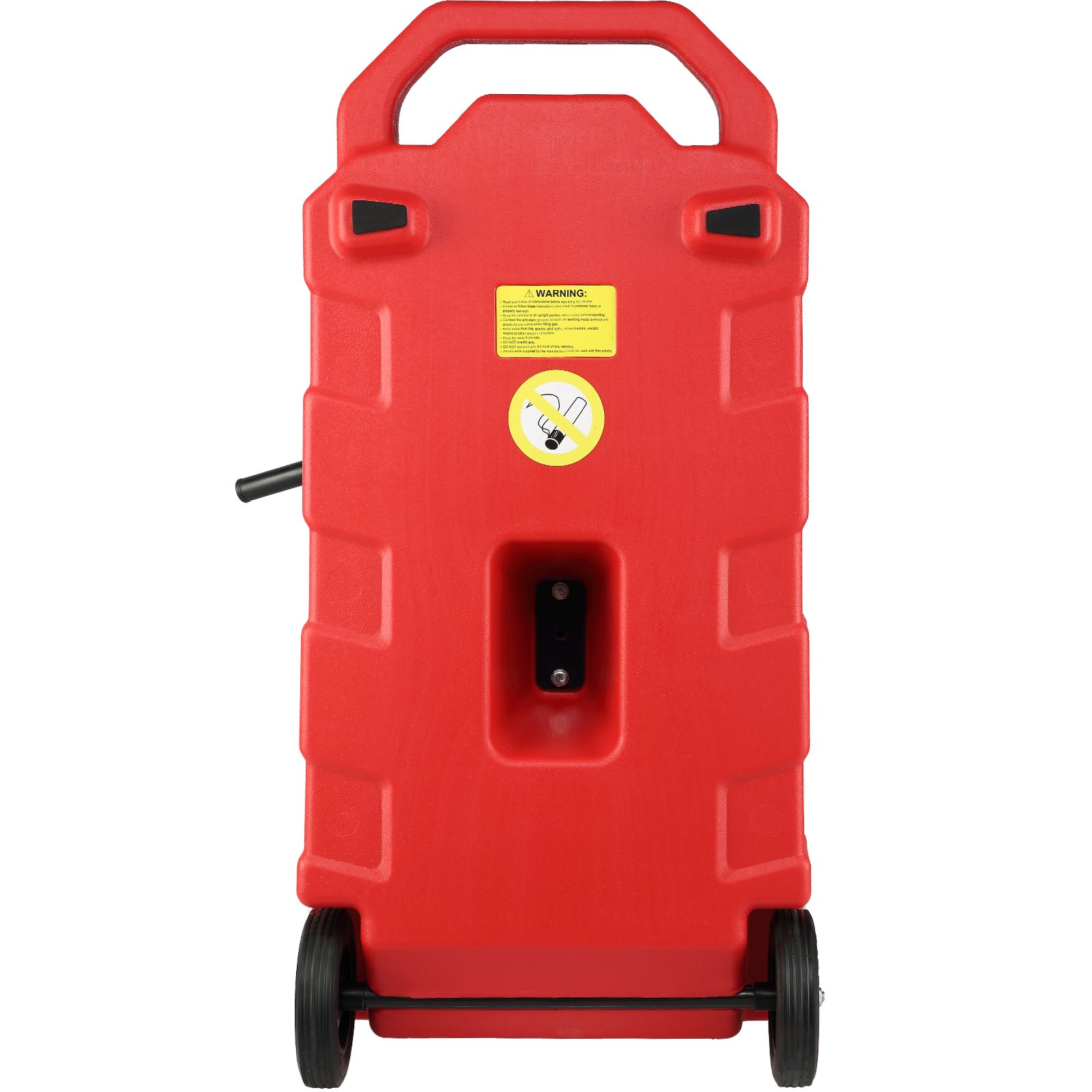 red VEVOR fuel caddy with wheels, handle, nozzle holder, and warning label.