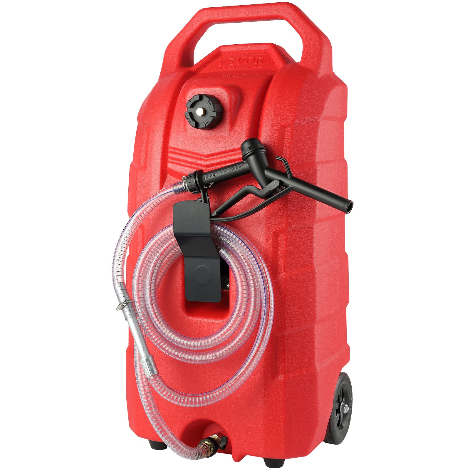 red VEVOR fuel caddy with handle, wheels, attached hose, and fuel nozzle.