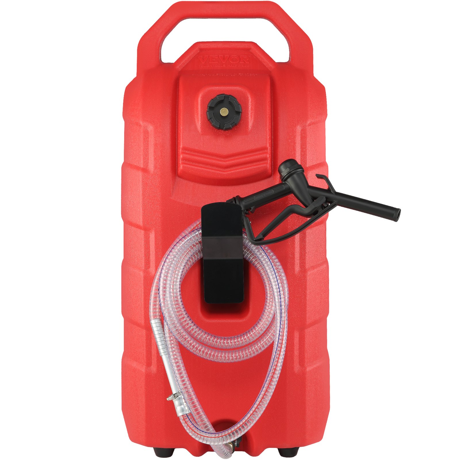 VEVOR fuel caddy in red with flexible hose and attached black fuel nozzle.