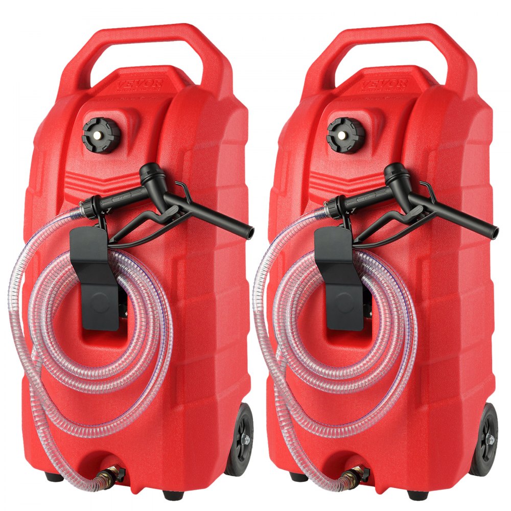 red VEVOR fuel caddy with hoses and wheels for easy fuel transportation.