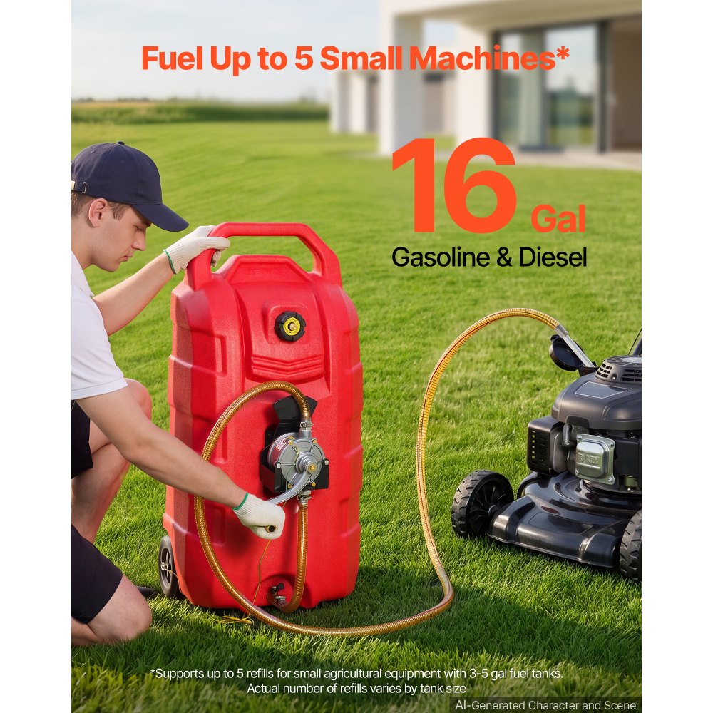 VEVOR 60.5 L Fuel Caddy 25.3 LPM Portable Fuel Gas Tank Hand Crank Pump, for Gasoline Diesel Transfer & Storage, Car, ATV, Boat, Lawn Mower, Motorcycle, Gas Container Can with Wheels & Hose, Red