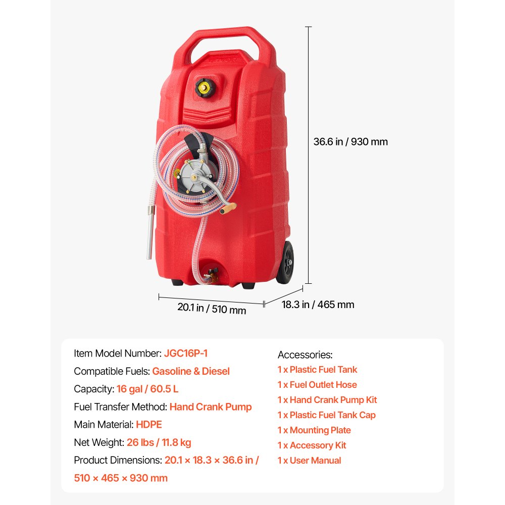 VEVOR 60.5 L Fuel Caddy 25.3 LPM Portable Fuel Gas Tank Hand Crank Pump, for Gasoline Diesel Transfer & Storage, Car, ATV, Boat, Lawn Mower, Motorcycle, Gas Container Can with Wheels & Hose, Red