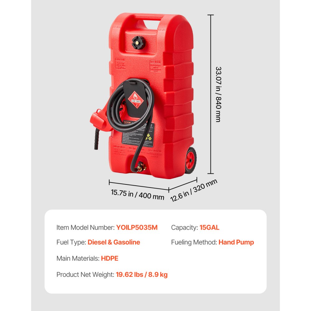VEVOR Fuel Caddy, 15 Gallon, Portable Fuel Tank with Gravity & Hand Pump Modes, Fuel Tank Container with Wheels, 10 ft Delivery Hose & Manual Pump, Gas Caddy for Motorboats, ATVs, Gasoline & Diesel