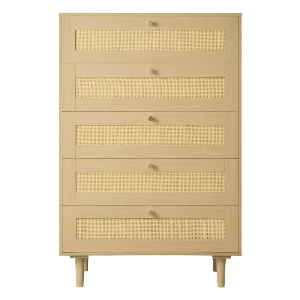 VEVOR 5 Drawer Rattan Dresser, Modern Closet Dresser for Bedroom, Natural Rattan Chest of Drawers with Metal Handles & Wooden Legs, Chest Clothing Organizer & Storage for Bedroom, Living Room, Hallway
