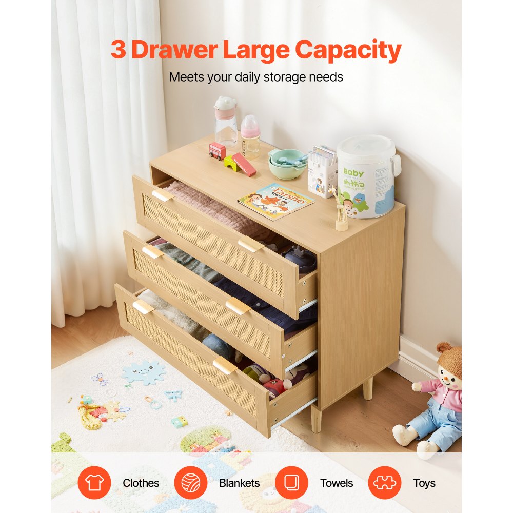 VEVOR 3 Drawer Rattan Dresser, Modern Closet Dresser for Bedroom, Natural Rattan Chest of Drawers with Metal Handles & Wooden Legs, Chest Clothing Organizer & Storage for Bedroom, Living Room, Hallway