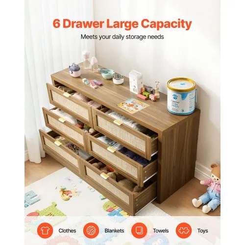 VEVOR 6 Drawer Rattan Dresser With Metal Handles Walnut Wood Chest Double Bedroom Storage Organizer