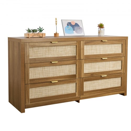 VEVOR 6 Drawer Rattan Dresser With Metal Handles Walnut Wood Chest Double Bedroom Storage Organizer VEVOR 6 Drawer Rattan Dresser With Metal Handles Walnut Wood Chest Double Bedroom Storage Organizer