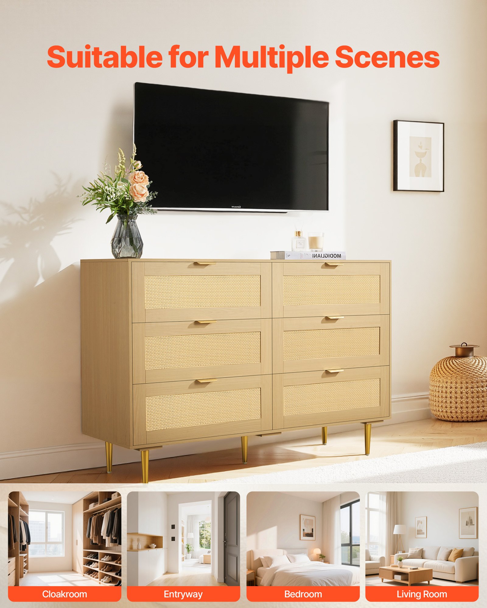 VEVOR 6 Drawer Rattan Dresser, Double Dresser for Bedroom, Natural Rattan Chest of Drawers with Metal Handles & Legs, Modern Wood Chest Clothing Organizer & Storage for Bedroom, Living Room, Hallway