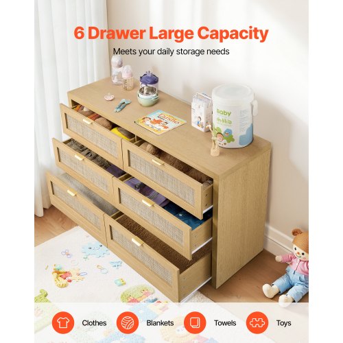 VEVOR 6 Drawer Rattan Dresser - Double Dresser for Bedroom - Natural Rattan Chest of Drawer with Metal Handle - Modern Wood Chest Clothing Organizer