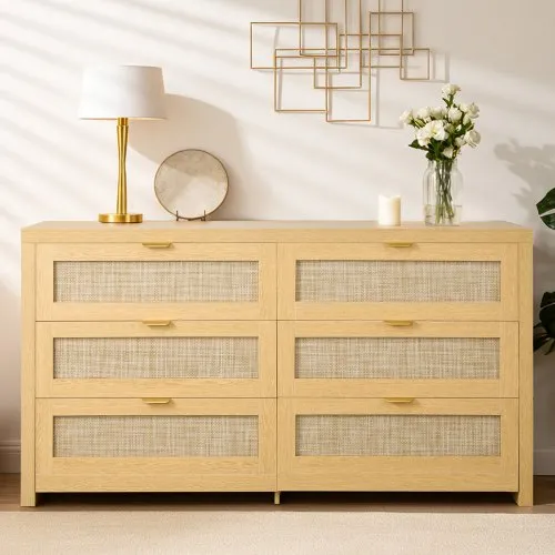 VEVOR 6 Drawer Rattan Dresser - Double Dresser for Bedroom - Natural Rattan Chest of Drawer with Metal Handle - Modern Wood Chest Clothing Organizer VEVOR 6 Drawer Rattan Dresser - Double Dresser for Bedroom - Natural Rattan Chest of Drawer with Metal Handle - Modern Wood Chest Clothing Organizer