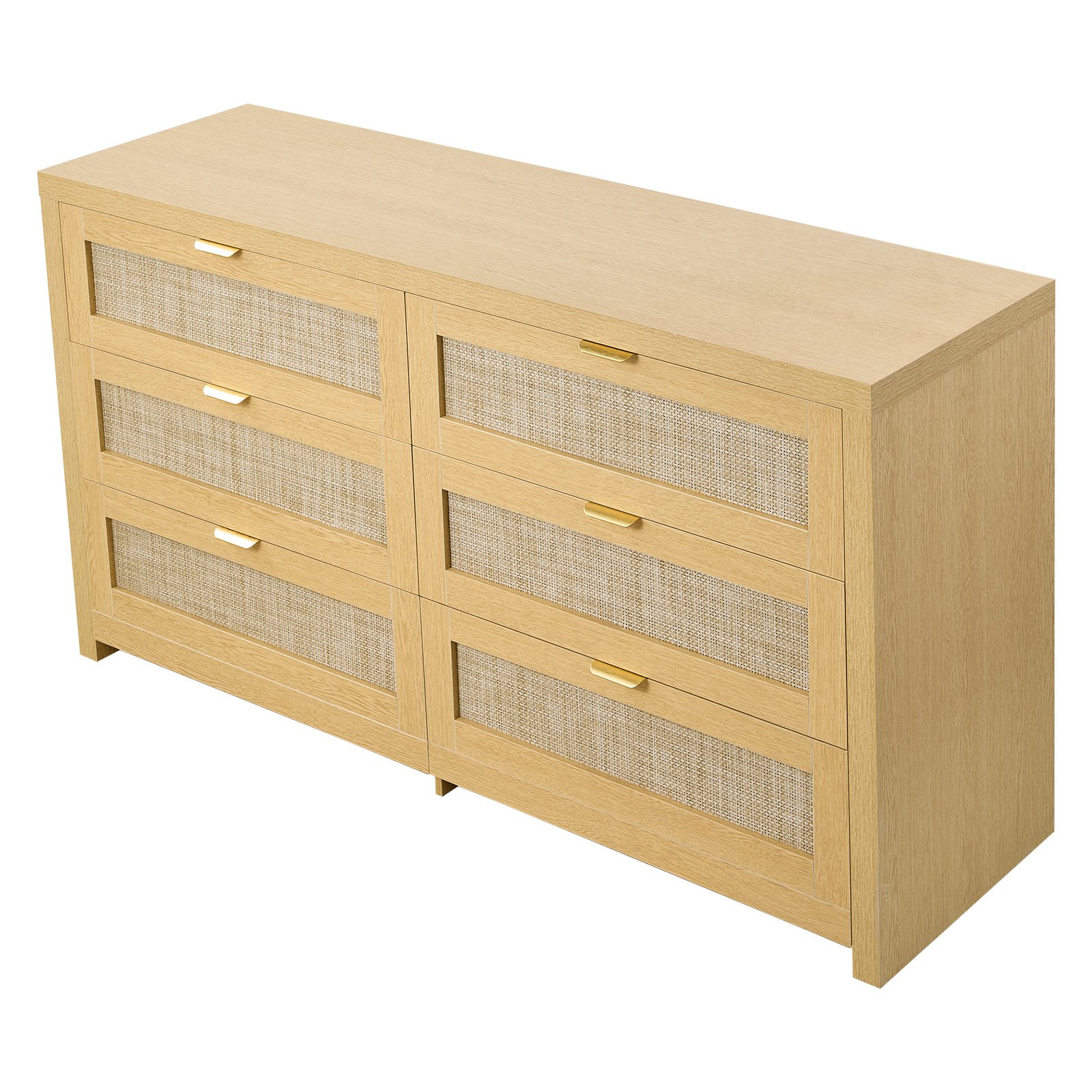 VEVOR 6 Drawer Rattan Dresser, Double Dresser for Bedroom, Natural Rattan Chest of Drawer with Metal Handle, Modern Wood Chest Clothing Organizer & Storage for Bedroom, Living Room, Hallway, Burlywood