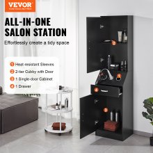 VEVOR Salon Storage Cabinet, Barber Salon Station for Hair Stylist, Hair Stylist Station Set, with 3 Hair Dryer Holders, Cabinets, and A Drawer, Black