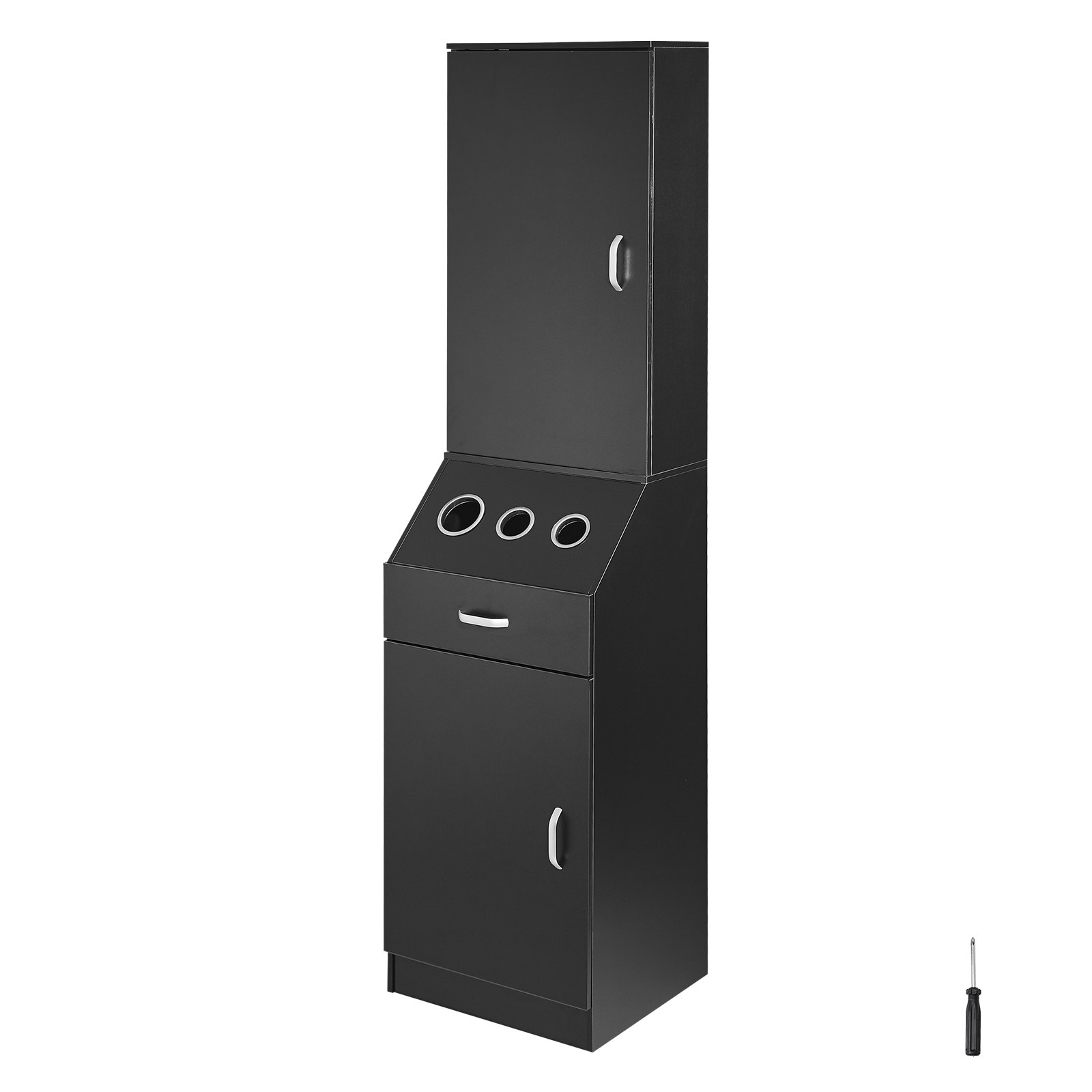 VEVOR Salon Organizer, Station Unit for Hair Professionals, Equipped with 3 Holders for Hair Dryers, Storage Spaces, and a Single Drawer, in Black
