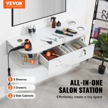 VEVOR Wall-Mounted Salon Station, Equipped with 5 Holders for Hair Dryers, Includes 2 Drawers (One with Lock), Ideal for SPA, Barber Shops, Home & Bathroom Use, in Elegant Marble White