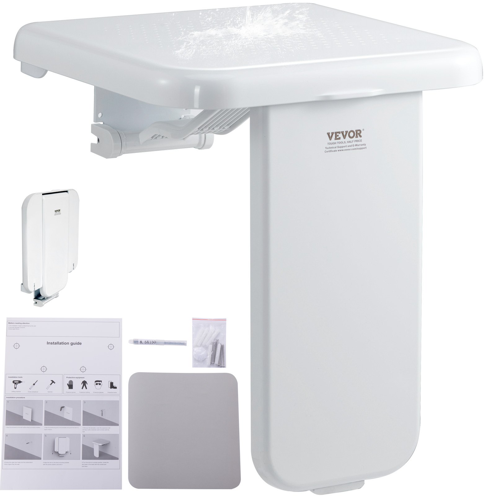 VEVOR Folding ABS Shower Seat, 15.7'' x 16.7'' Unfolded, Wall Mounted Fold Up Shower Bench with 440 lbs Load Capacity, Space Saving Fold Down Shower Chair for Seniors Pregnant Women Children Adults