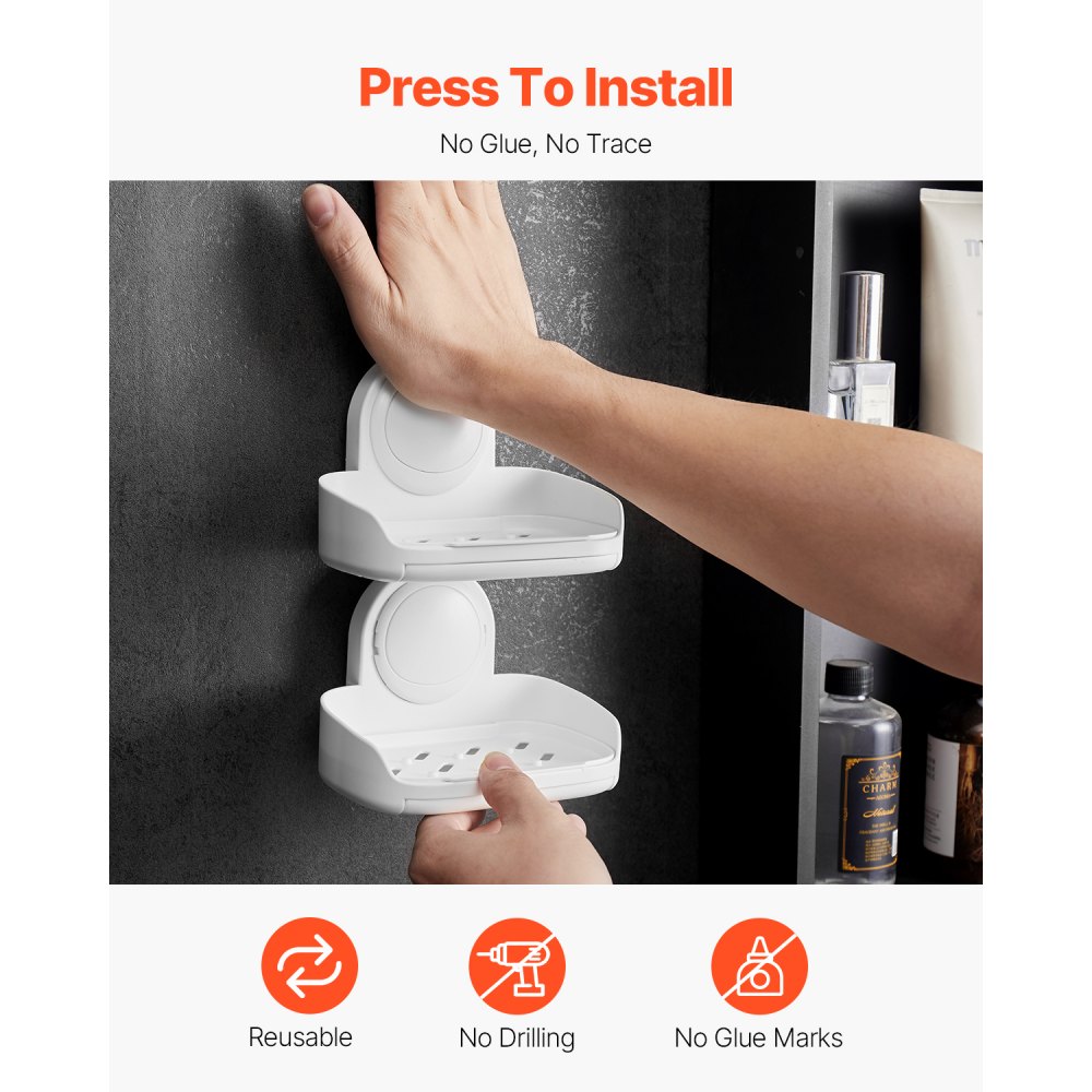 VEVOR Soap Holder for Shower, Double Layer with Suction Cup, Wall Mounted NO-Drilling, Strong Suction Bar Soap Sponge Holder, Self Draining Soap Saver, for Shower Bathroom Bathtub Kitchen, Removable