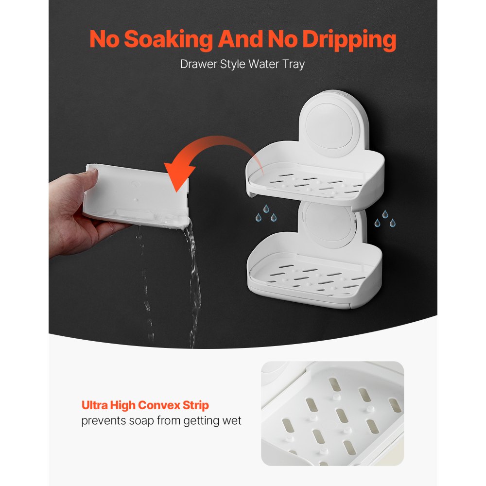 VEVOR Soap Holder for Shower, Double Layer with Suction Cup, Wall Mounted NO-Drilling, Strong Suction Bar Soap Sponge Holder, Self Draining Soap Saver, for Shower Bathroom Bathtub Kitchen, Removable