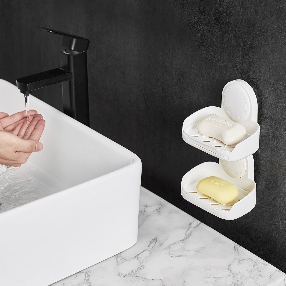 VEVOR Soap Holder for Shower, Double Layer with Suction Cup, Wall Mounted NO-Drilling, Strong Suction Bar Soap Sponge Holder, Self Draining Soap Saver, for Shower Bathroom Bathtub Kitchen, Removable