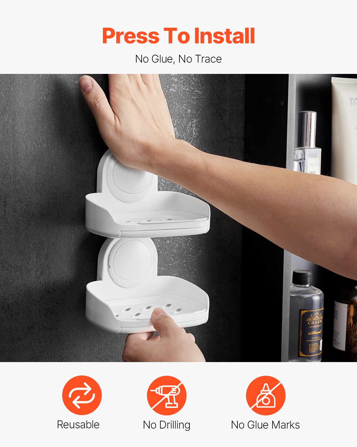 VEVOR Soap Holder for Shower, Double Layer with Suction Cup, Wall Mounted NO-Drilling, Strong Suction Bar Soap Sponge Holder, Self Draining Soap Saver, for Shower Bathroom Bathtub Kitchen, Removable
