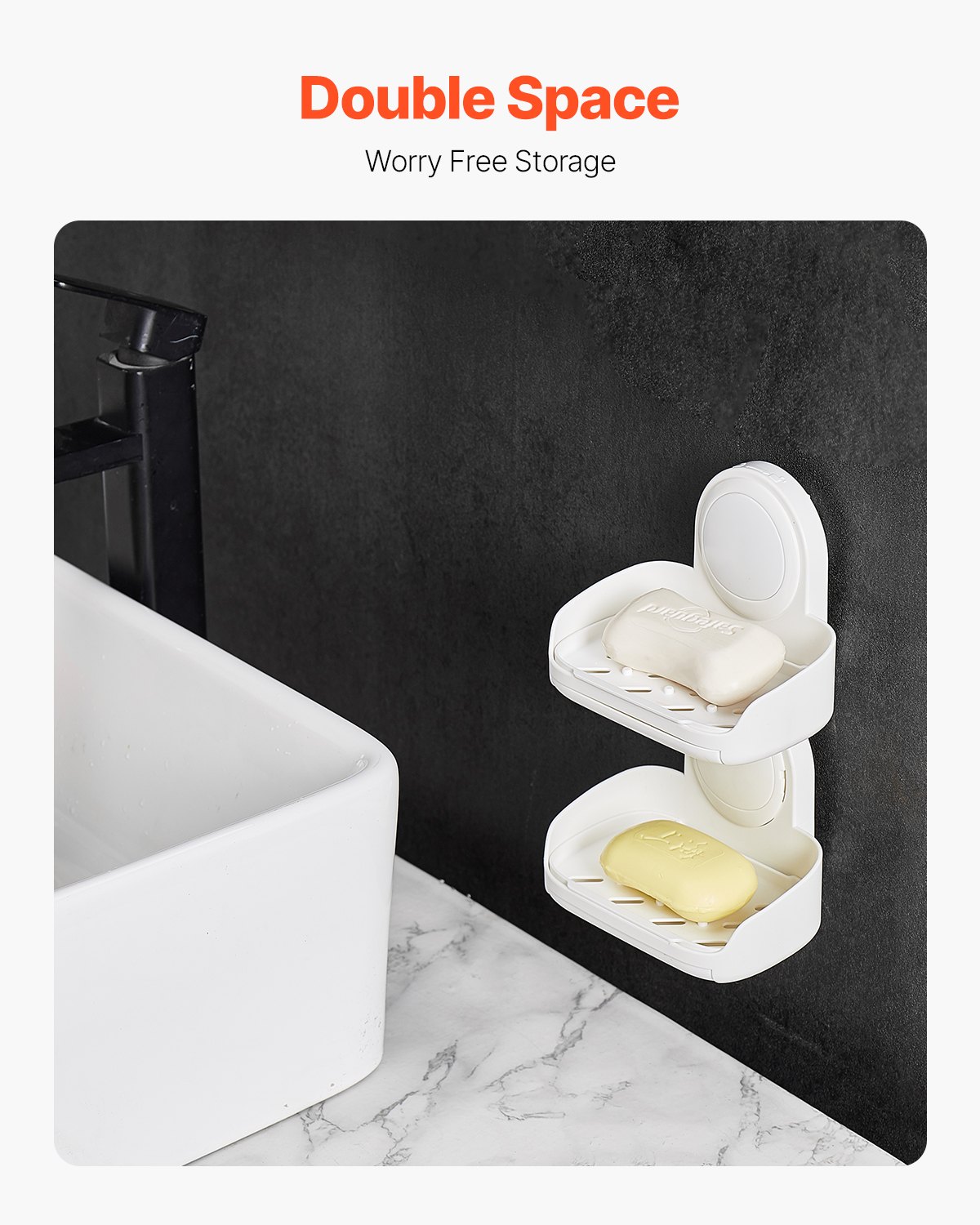 VEVOR Soap Holder for Shower, Double Layer with Suction Cup, Wall Mounted NO-Drilling, Strong Suction Bar Soap Sponge Holder, Self Draining Soap Saver, for Shower Bathroom Bathtub Kitchen, Removable