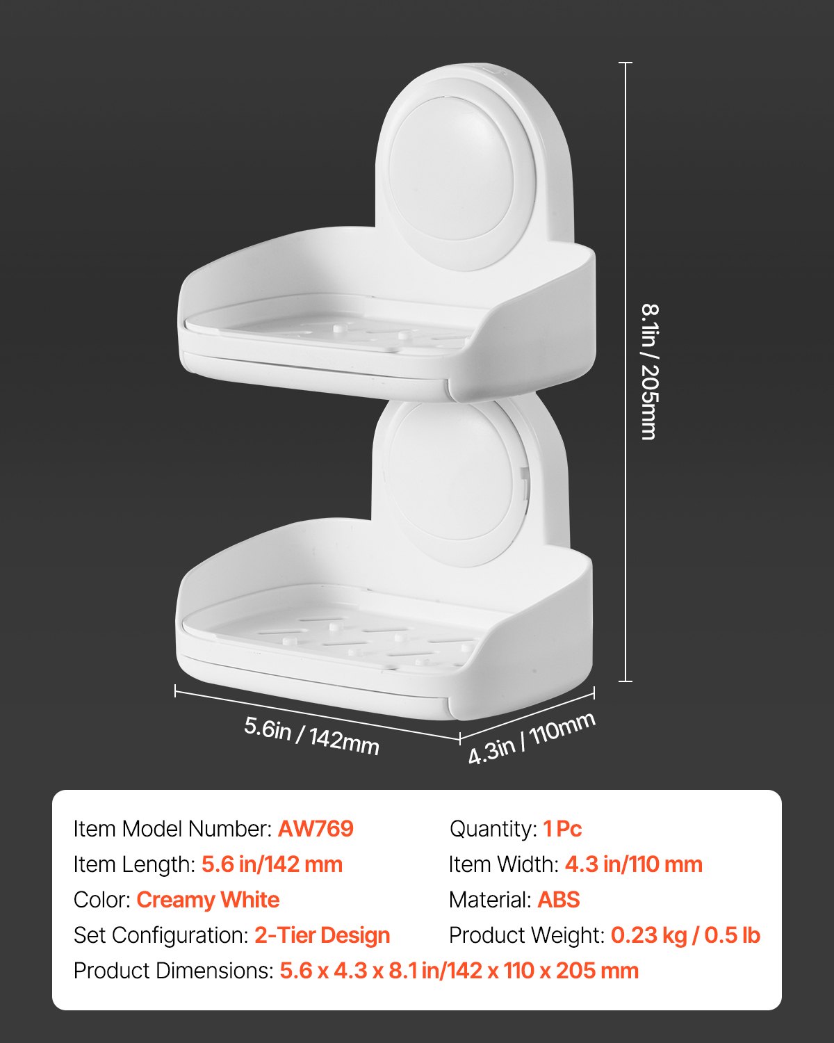 VEVOR Soap Holder for Shower, Double Layer with Suction Cup, Wall Mounted NO-Drilling, Strong Suction Bar Soap Sponge Holder, Self Draining Soap Saver, for Shower Bathroom Bathtub Kitchen, Removable