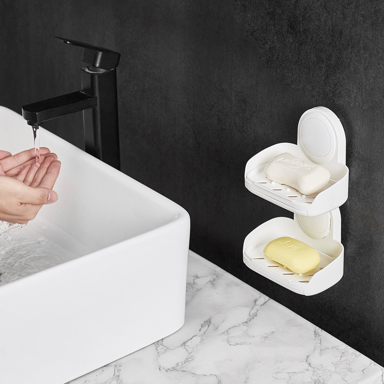 VEVOR Soap Holder for Shower, Double Layer with Suction Cup, Wall Mounted NO-Drilling, Strong Suction Bar Soap Sponge Holder, Self Draining Soap Saver, for Shower Bathroom Bathtub Kitchen, Removable