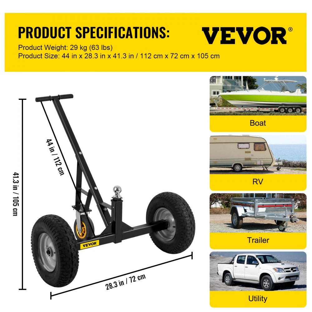 VEVOR Adjustable Trailer Dolly, 1000 Lbs Capacity Trailer Mover Dolly, 15.7" to 23.6" Adjustable Height, Manual Trailer Mover with 16" Wheels, Heavy-Duty Tow Dolly for Car, RV, Boat