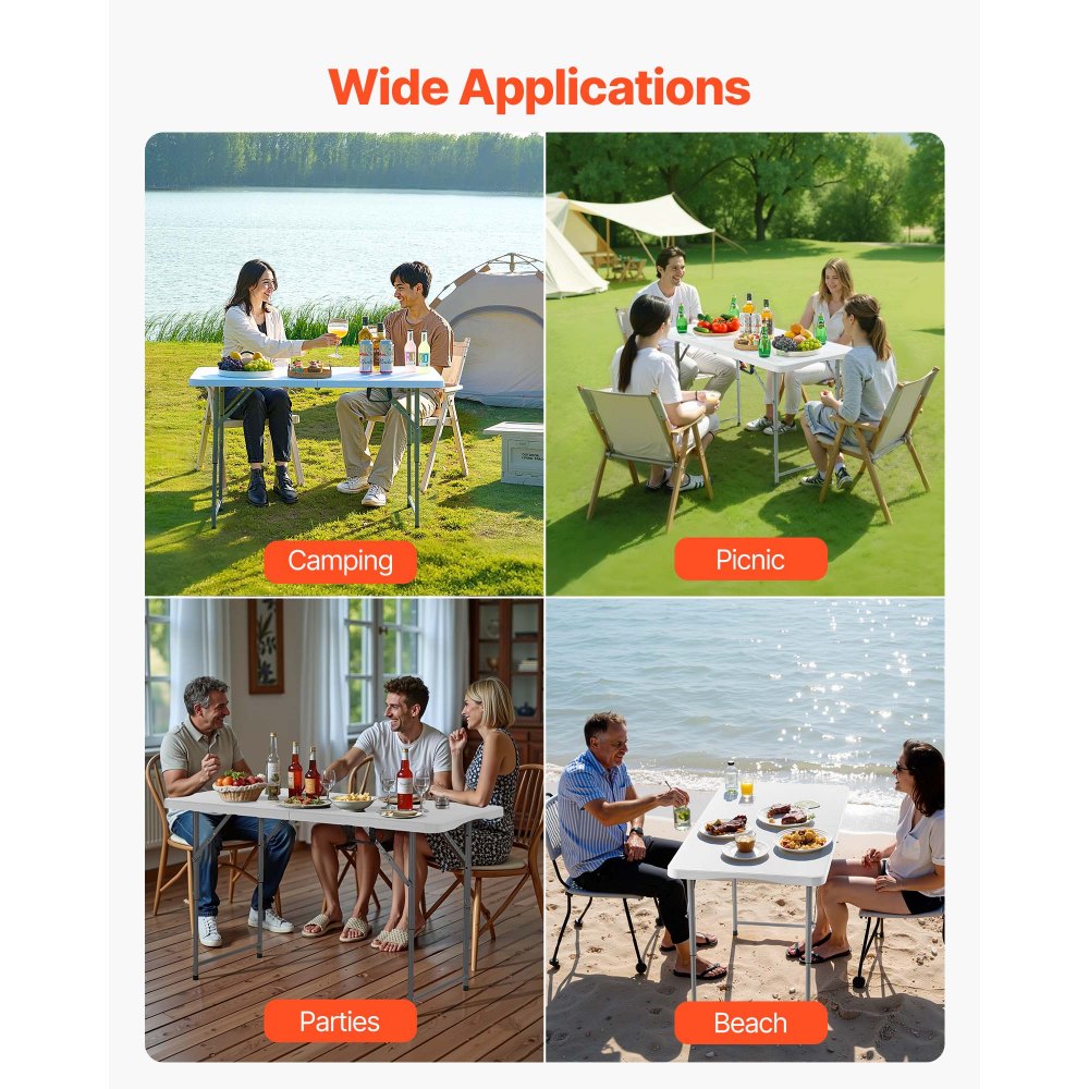 VEVOR Folding Table, 4 Ft Heavy Duty Portable Fold-in-Half Utility Table, Indoor Outdoor Plastic Rectangle Table with Adjustable Height and Built in Handle, for Party, Dining, Picnic, Camping, White