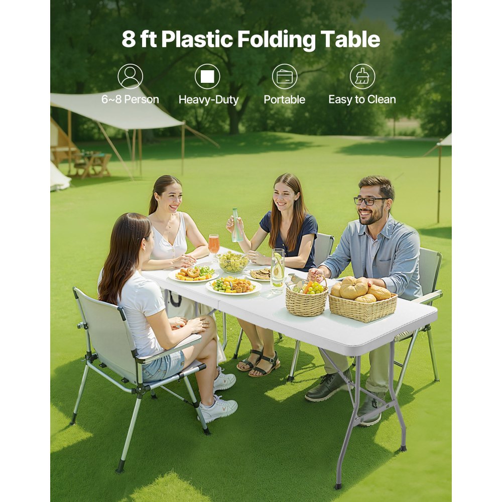 VEVOR Folding Table, 8 Ft Heavy Duty Portable Fold-in-Half Utility Table, Indoor Outdoor Plastic Rectangle Table with Built in Handle, for Party, Dining, Wedding, Events, Picnic, Camping, White