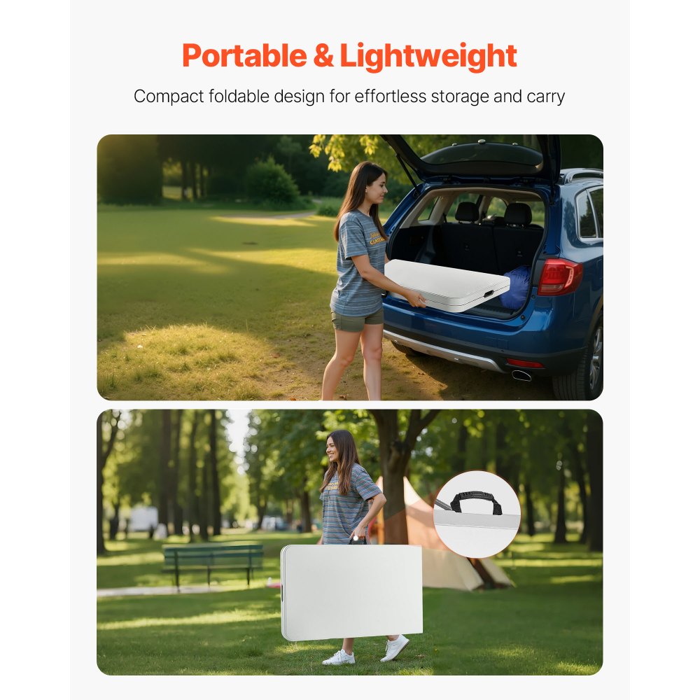 VEVOR Folding Table, 8 Ft Heavy Duty Portable Fold-in-Half Utility Table, Indoor Outdoor Plastic Rectangle Table with Built in Handle, for Party, Dining, Wedding, Events, Picnic, Camping, White