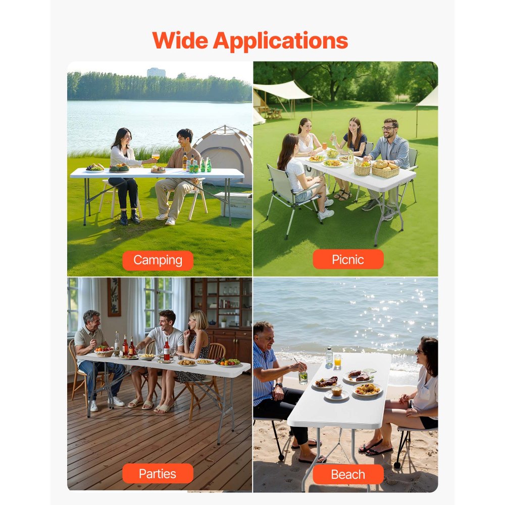 VEVOR Folding Table, 8 Ft Heavy Duty Portable Fold-in-Half Utility Table, Indoor Outdoor Plastic Rectangle Table with Built in Handle, for Party, Dining, Wedding, Events, Picnic, Camping, White