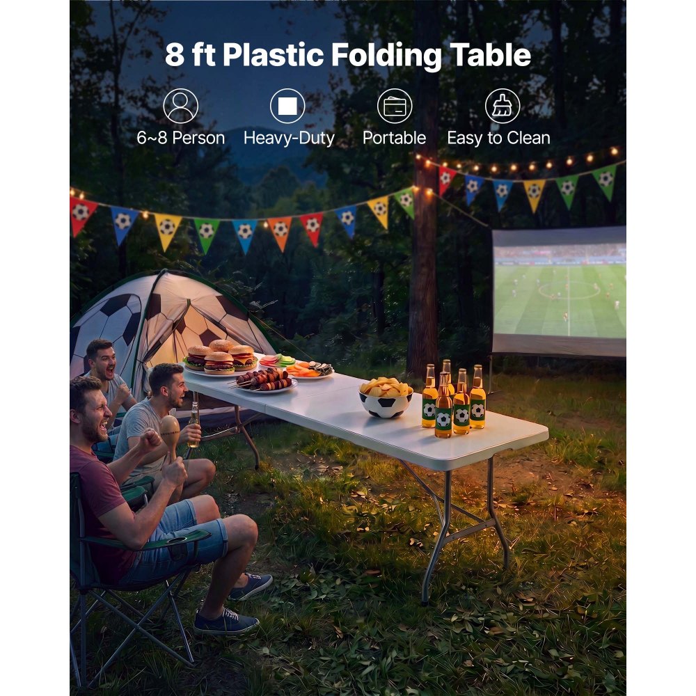 VEVOR Folding Table, 8 Ft Heavy Duty Portable Fold-in-Half Utility Table, Indoor Outdoor Plastic Rectangle Table with Built in Handle, for Party, Dining, Wedding, Events, Picnic, Camping, White
