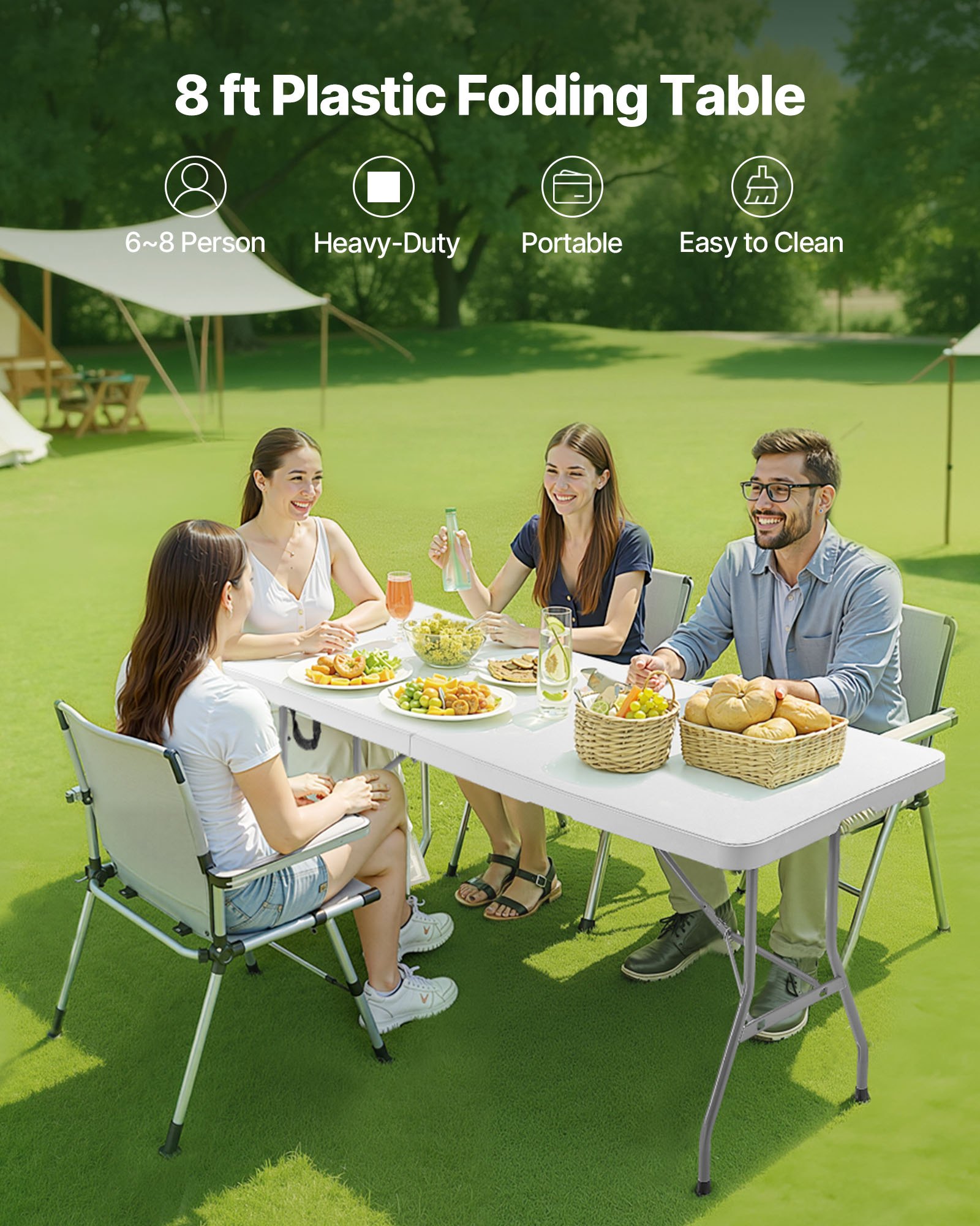 VEVOR Folding Table, 8 Ft Heavy Duty Portable Fold-in-Half Utility Table, Indoor Outdoor Plastic Rectangle Table with Built in Handle, for Party, Dining, Wedding, Events, Picnic, Camping, White