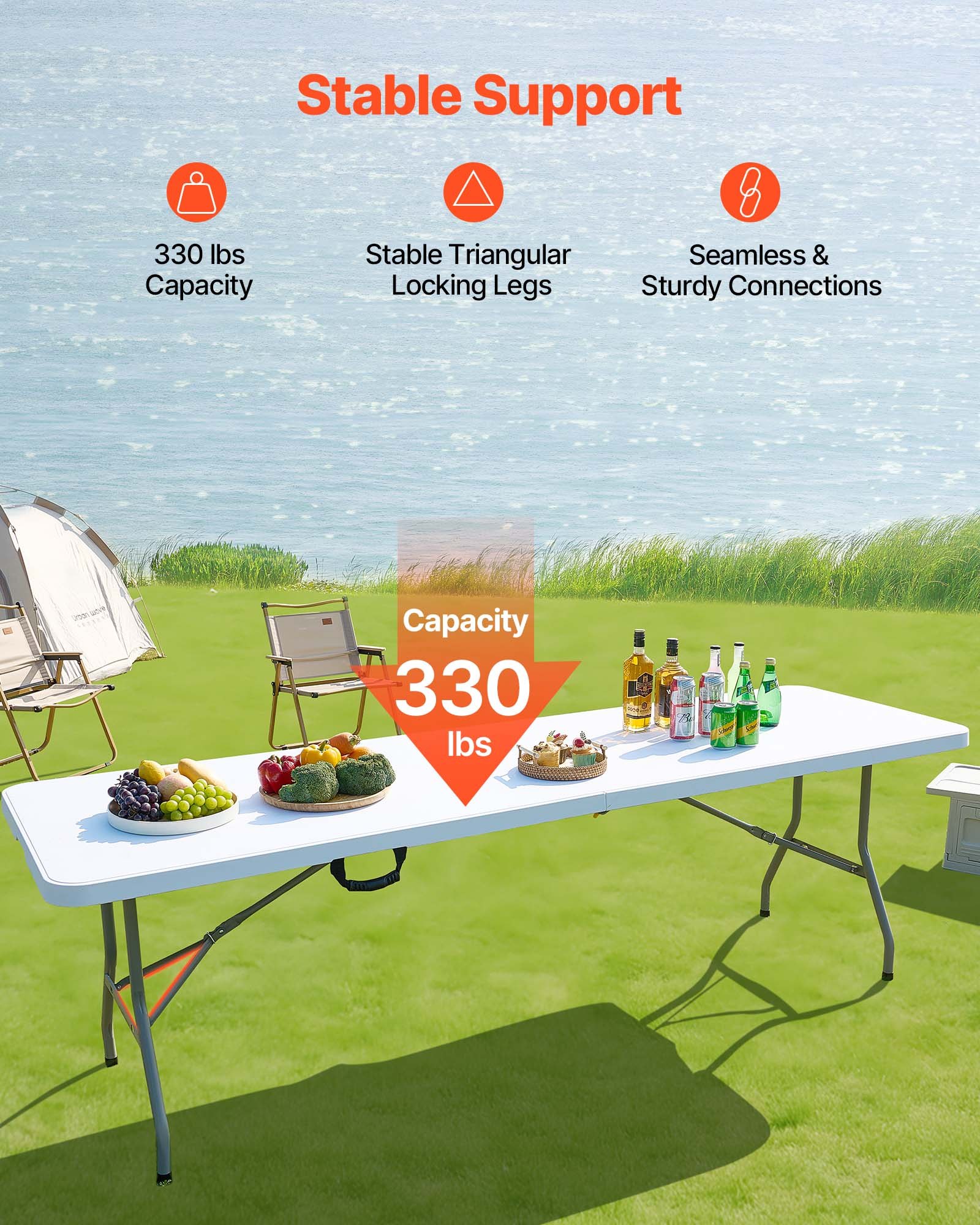 VEVOR Folding Table, 8 Ft Heavy Duty Portable Fold-in-Half Utility Table, Indoor Outdoor Plastic Rectangle Table with Built in Handle, for Party, Dining, Wedding, Events, Picnic, Camping, White