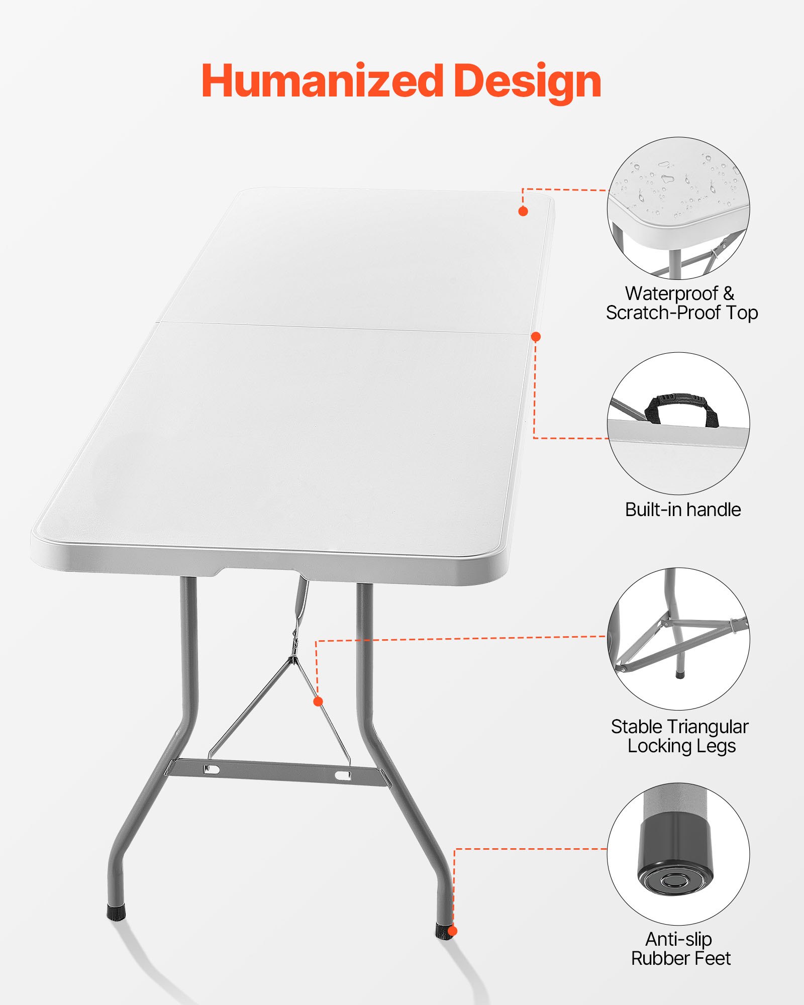 VEVOR Folding Table, 8 Ft Heavy Duty Portable Fold-in-Half Utility Table, Indoor Outdoor Plastic Rectangle Table with Built in Handle, for Party, Dining, Wedding, Events, Picnic, Camping, White
